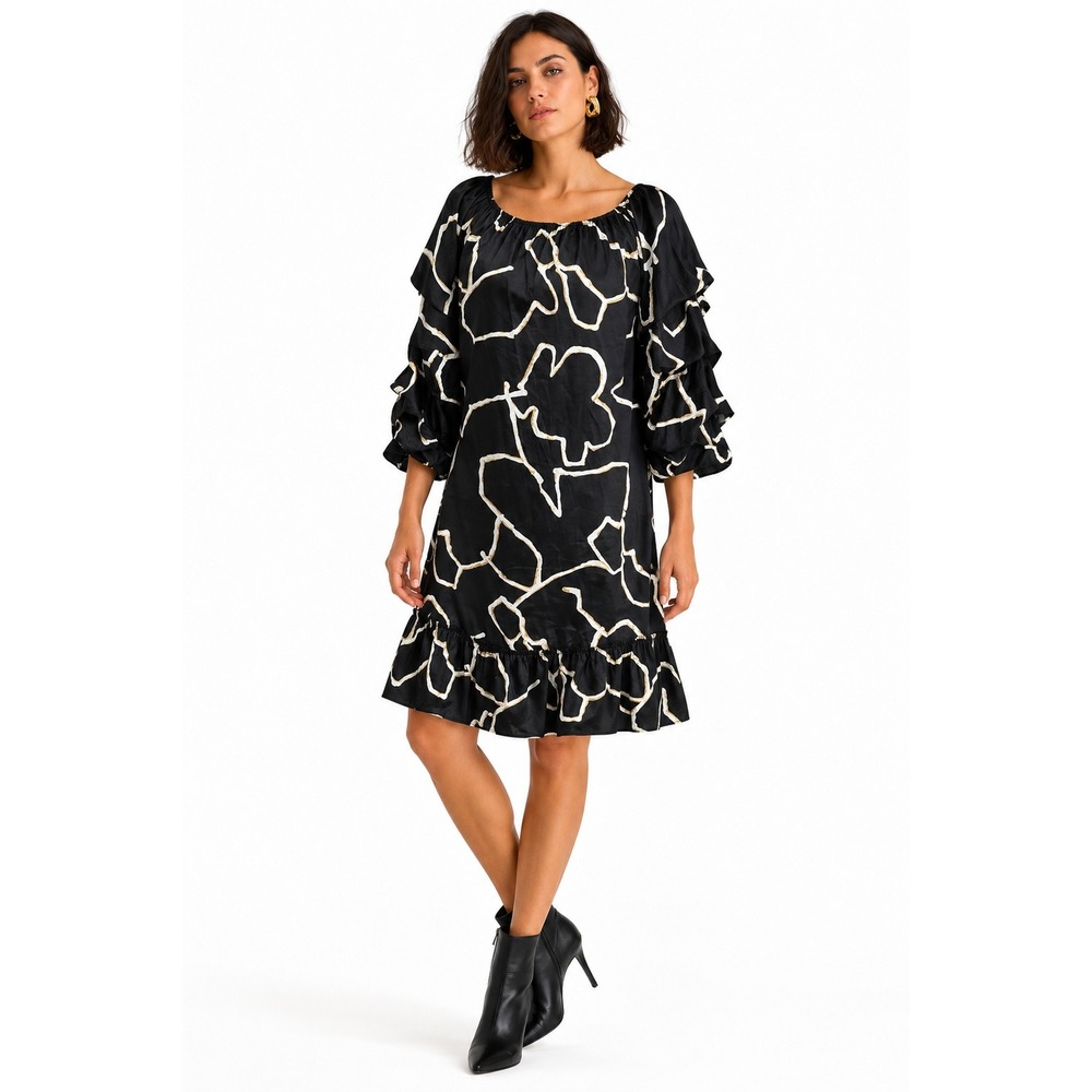 Artsy‎ Abstract Ruffle Sleeve Shift Dress S Black White Gold Avant Garde Cotton